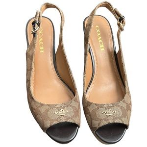 Coach Ferry Signature Jacquard calf Khaki/Chestnut womens sandals in size 8M.